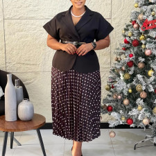 Plus Size Short Sleeve Blazer Polka Dot Print Long Skirt Suit GATE-620