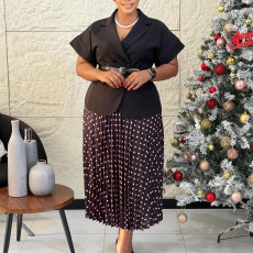 Plus Size Short Sleeve Blazer Polka Dot Print Long Skirt Suit GATE-620