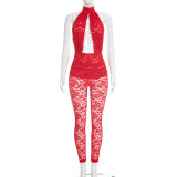 Lace Hollow Out Ruched Backless Jumpsuit MXBF-J26JP039