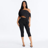 Polka Dot Print Off Shoulder Tops Seventh Pants Suit MXBF-J26ST063