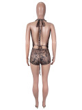 Leopard Print Halterneck Two Piece Shorts Set  SHD-9964