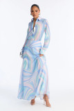 Long Sleeve Print Lapel Maxi Dress XHXF-486