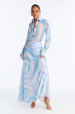 Long Sleeve Print Lapel Maxi Dress XHXF-486