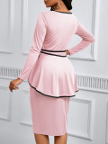 Plus Size Long Sleeve Tie Up Ruffles Midi Dress XHSY-19894
