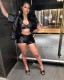 PU Leather Tight Short Sleeve Two PIece Shorts Set GXBQ-1545