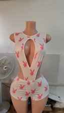 Print Hollow Out Tie Up Bodysuit+Short 2 Piece Set GYXF-24959