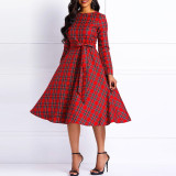 Plus Size Plaid Print Belt Midi Dress XHSY-19855