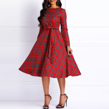 Plus Size Plaid Print Belt Midi Dress XHSY-19855