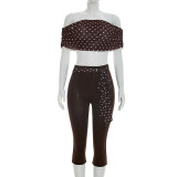 Polka Dot Print Off Shoulder Tops Seventh Pants Suit MXBF-J26ST063