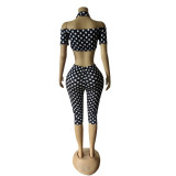 Polka Dot Print Tube Top Fifth Pants Suit MEM-88692