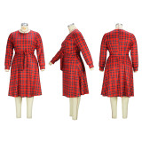 Plus Size Plaid Print Belt Midi Dress XHSY-19855