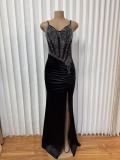 Deep V Neck Sling Ruched Split Maxi Dress GADE-11233