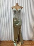 Deep V Neck Sling Ruched Split Maxi Dress GADE-11233