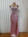 Deep V Neck Sling Ruched Split Maxi Dress GADE-11233