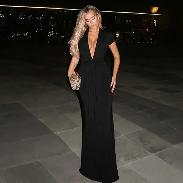 Deep V Neck Solid Color Maxi Dress LJSF-D5B20973X