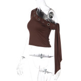 Slash Shoulder Solid Color T Shirt LJSF-T5C20916X