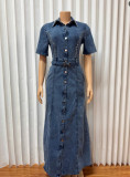 Short Sleeve Tie Up Denim Maxi Dress GADE-6726