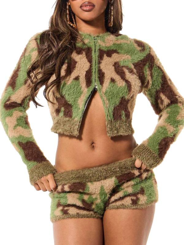 Knits Camouflage Print Long Sleeve Short Suit TR-1362