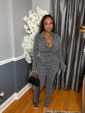 Stripe Long Sleeve Cardigan Two Piece Pants Set LS-6533