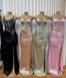 Deep V Neck Sling Ruched Split Maxi Dress GADE-11233