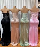Deep V Neck Sling Ruched Split Maxi Dress GADE-11233