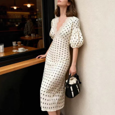 Polka Dots Print Lace Patchwork Midi Dress GPBY-DR8196