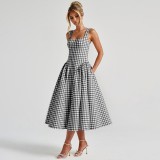 Plaid Print Square Neck Sling Midi Dress GPBY-SH8251