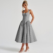 Plaid Print Square Neck Sling Midi Dress GPBY-SH8251