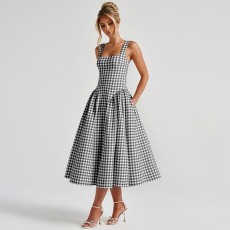 Plaid Print Square Neck Sling Midi Dress GPBY-SH8251