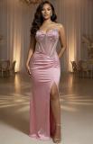 Deep V Neck Sling Ruched Split Maxi Dress GADE-11233