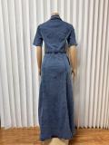 Short Sleeve Tie Up Denim Maxi Dress GADE-6726