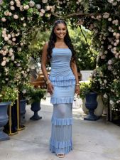 Backless Ruffles Solid Color Sling Maxi Dress GADE-11253