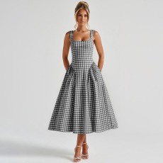 Plaid Print Square Neck Sling Midi Dress GPBY-SH8251