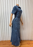Short Sleeve Tie Up Denim Maxi Dress GADE-6726