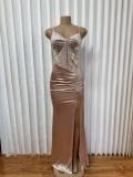 Deep V Neck Sling Ruched Split Maxi Dress GADE-11233
