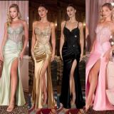 Deep V Neck Sling Ruched Split Maxi Dress GADE-11233