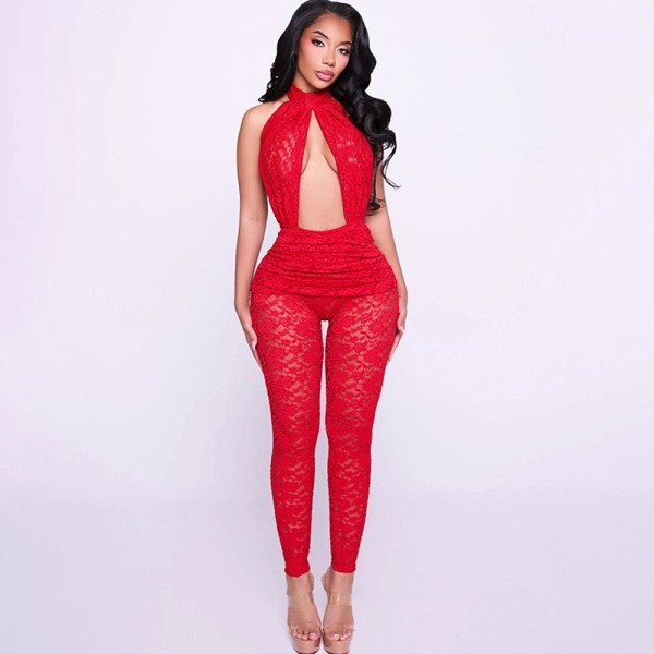 Deep V Neck Backless Lace Jumpsuit GPBY-SU8344