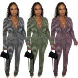 Stripe Long Sleeve Cardigan Two Piece Pants Set LS-6533