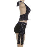 Polka Dots Print Halterneck Tank Top Two Piece Shorts Set GZJQ-K6S03779A