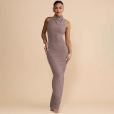 Solid Color Halterneck Ruched Backless Maxi Dress LJSF-D6321249X
