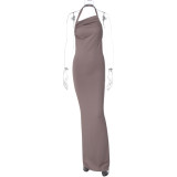 Solid Color Halterneck Ruched Backless Maxi Dress LJSF-D6321249X