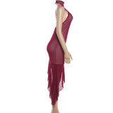 Sleeveless Mesh Patchwork Halterneck Midi Dress GZJQ-K6D03992A