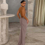 Solid Color Halterneck Ruched Backless Maxi Dress LJSF-D6321249X