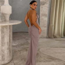 Solid Color Halterneck Ruched Backless Maxi Dress LJSF-D6321249X