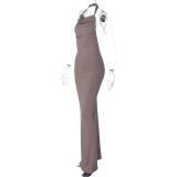 Solid Color Halterneck Ruched Backless Maxi Dress LJSF-D6321249X