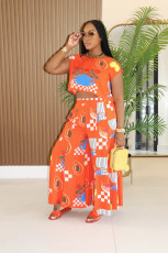 Print Sleeveless Top Loose Two Piece Pants Set FENF-5003