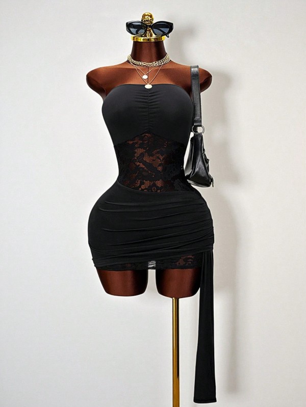 Solid Color Lace Patchwork Tube Top Dress GHYX-TJY8210
