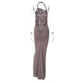 Solid Color Halterneck Ruched Backless Maxi Dress LJSF-D6321249X