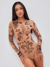 Print Long Sleeve Tight Bodysuit SHD-9968