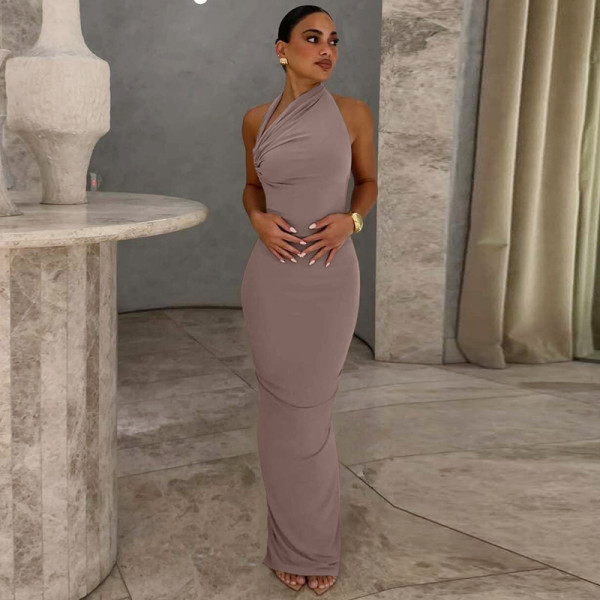 Solid Color Halterneck Ruched Backless Maxi Dress LJSF-D6321249X